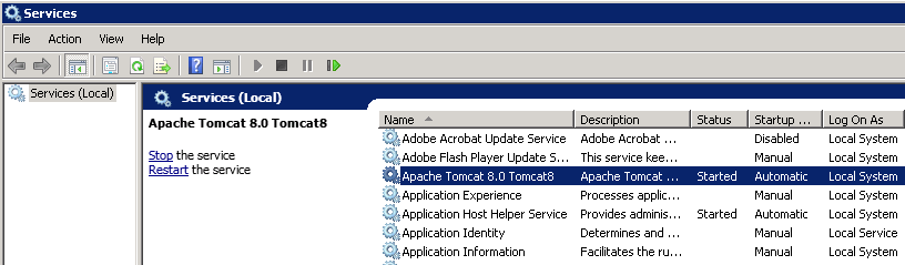 Managing the Apache Tomcat service in the Windows Services