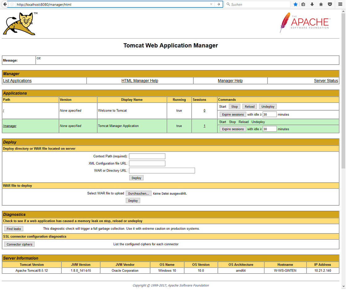 Testing the Apache Tomcat installation