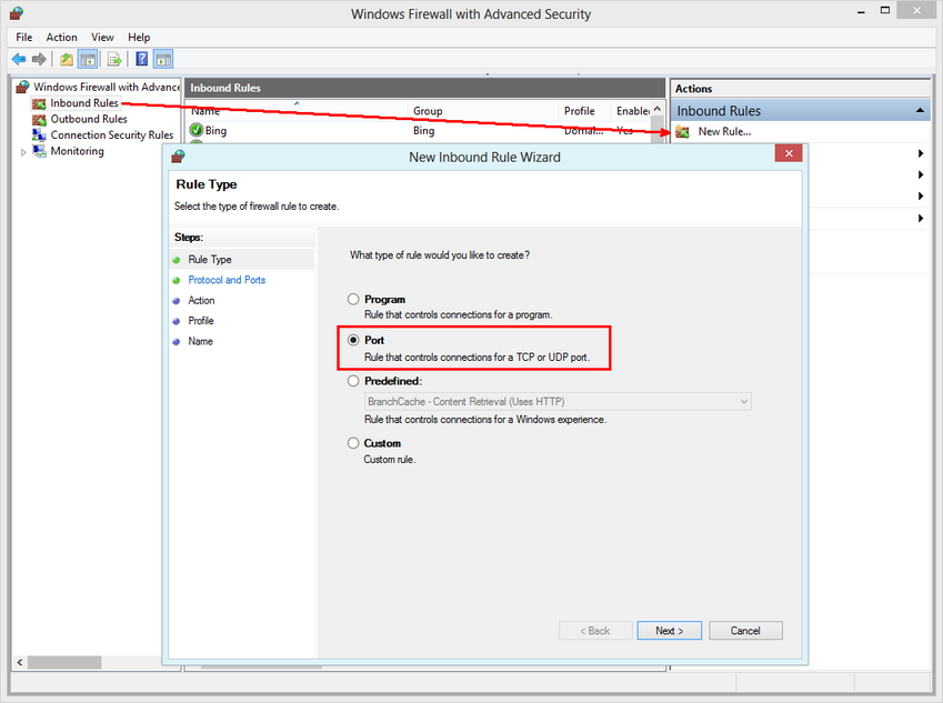 Windows Firewall with Advanced Security - Create a new inbound rule