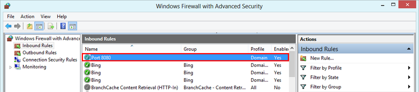 Windows Firewall with Advanced Security - active rule opening port 8080