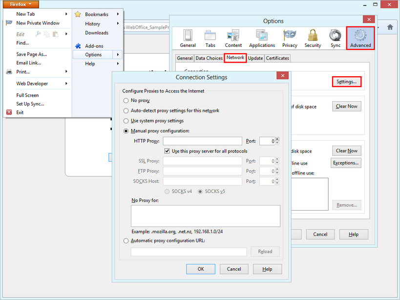 Configure proxy server settings in Mozilla Firefox