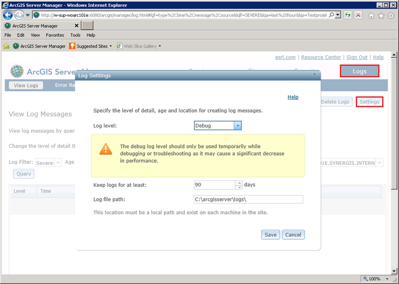Set log level in the ArcGIS Server Manager Set log level in the ArcGIS Server Manager