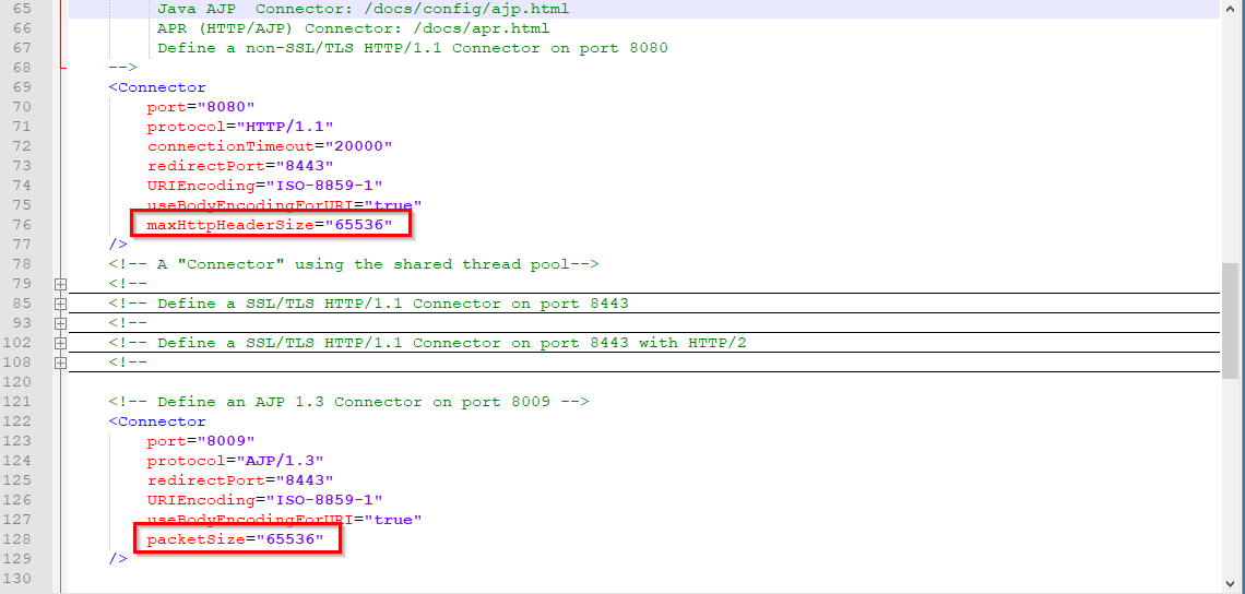 packetSize und maxHttpHeaderSize