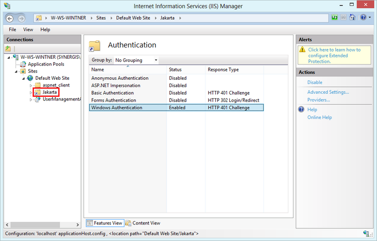 IIS authentication settings of jakarta directory