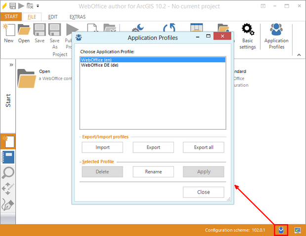Open application profiles from WebOffice author status bar