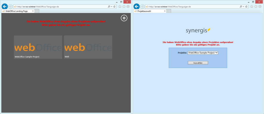 Call of a WebOffice 10.6 application without specification of a project in English language (left: traditional / right: modern)