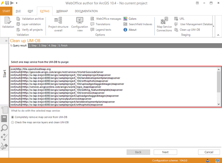Selection of the purged map service Selection of the purged map service