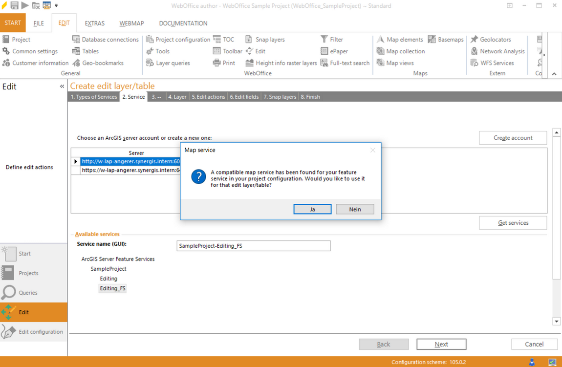 Wizard "Create edit layer/table" - map service