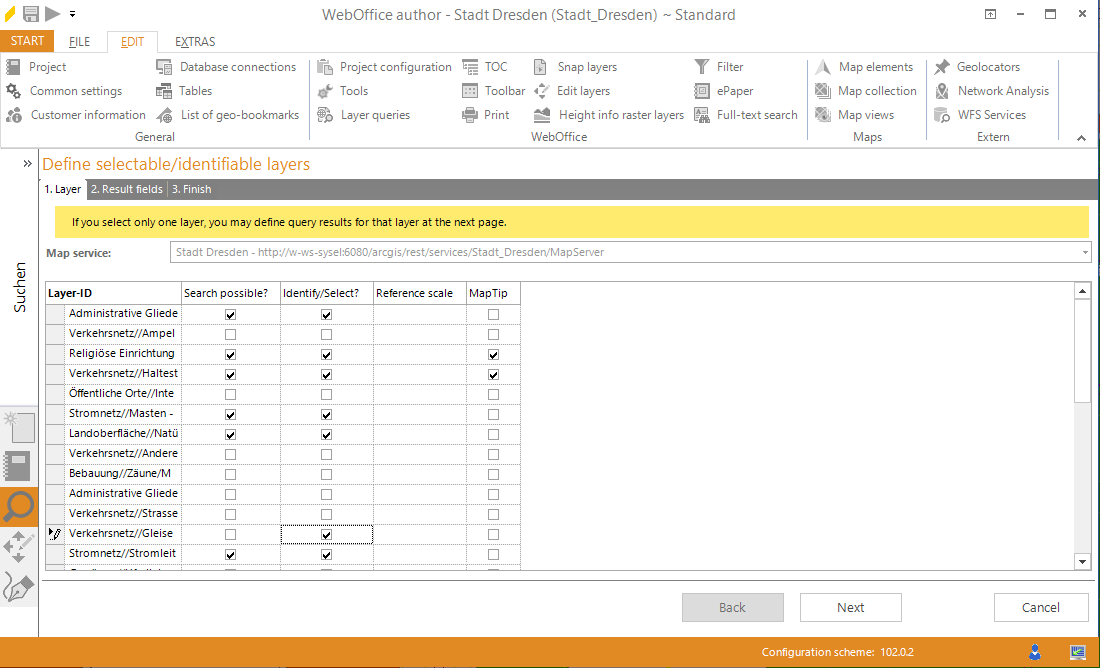 Wizard "Define Selectable/Identifiable Layer" - Selection of the Map server and layer configuration
