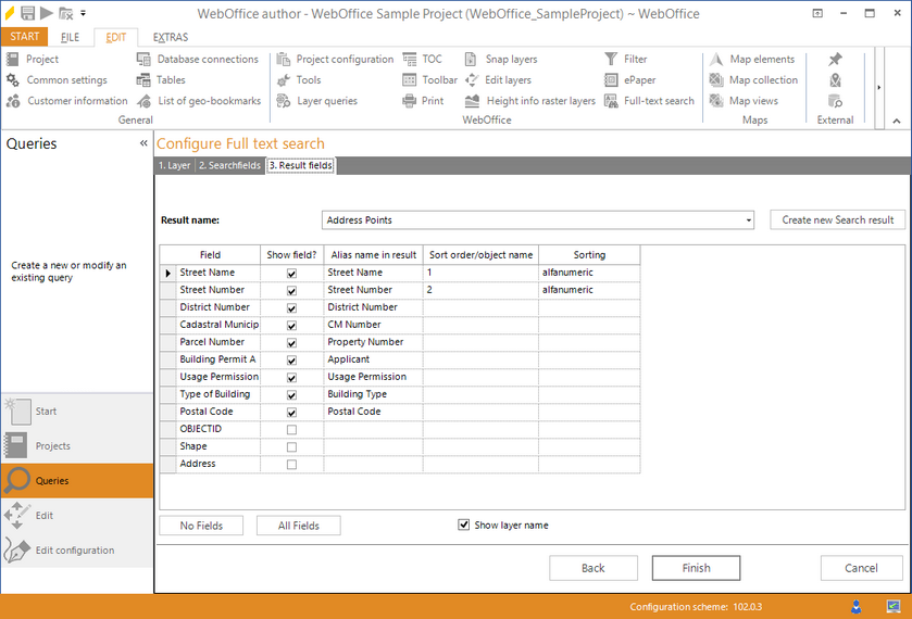 Starting the wizard "Full-text search" - result fields
