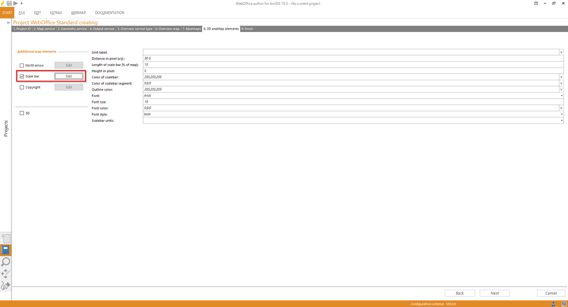 Wizard "Create Project" - configuring a scale bar