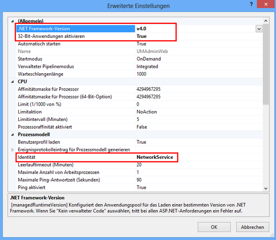 Parameters regarding 32-bit application and identity in IIS