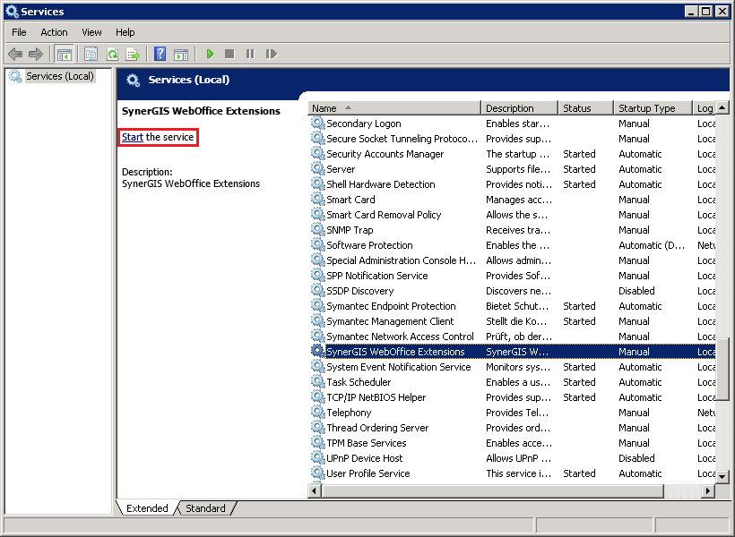 Start SynerGIS WebOffice Extensions Service Start SynerGIS WebOffice Extensions Service