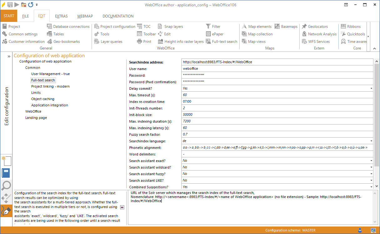 Konfiguration der Volltextsuche in der WebOffice Anwendungskonfiguration