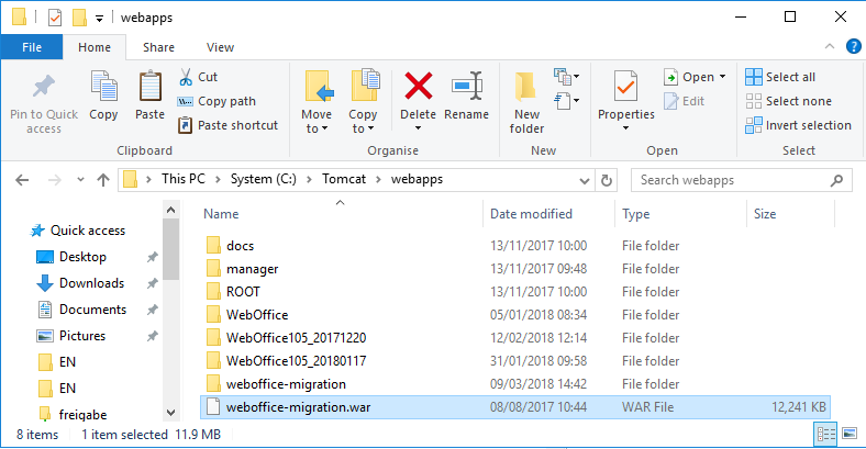 Tomcat Web Application directory with weboffice-migration.war