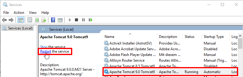 Restart the Service Apache Tomcat Restart the Service Apache Tomcat