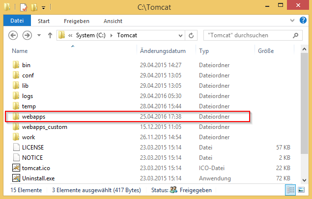 Applikationsverzeichnis "webapps" im Apache Tomcat Verzeichnis Applikationsverzeichnis "webapps" im Apache Tomcat Verzeichnis
