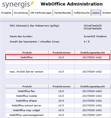 WebOffice 10.6 R2 SP2 Produktversion - Erstellungszeitpunkt in SynAdmin