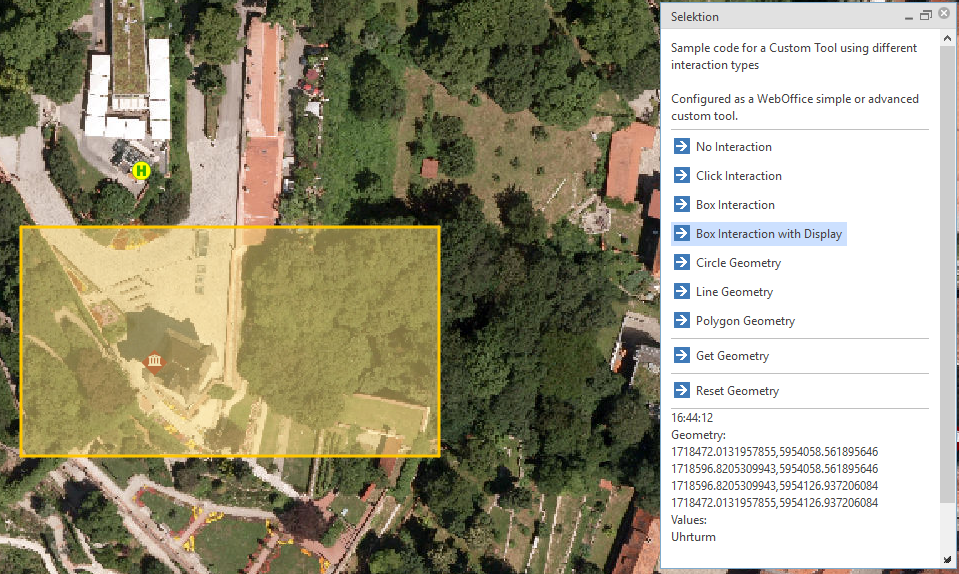 Box-Selektion mit Übergabe der Ausdehnung in Form von Koordinatenwerten sowie Übergabe des Feldwertes eines Objektes, welches sich innerhalb der Box befindet. Box-Selektion mit Übergabe der Ausdehnung in Form von Koordinatenwerten sowie Übergabe des Feldwertes eines Objektes, welches sich innerhalb der Box befindet.