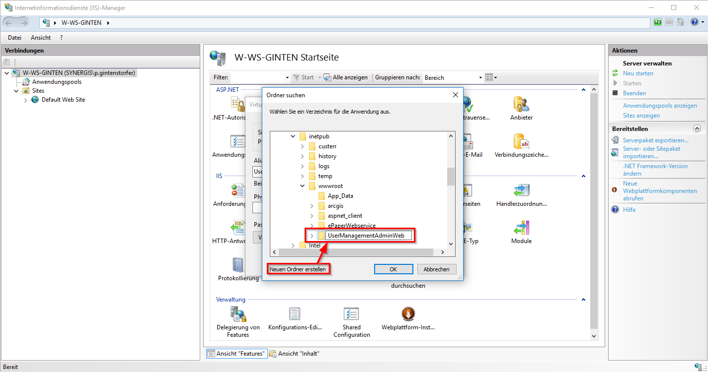 Verzeichnis zu den UserManagementAdminWeb Daten festlegen Verzeichnis zu den UserManagementAdminWeb Daten festlegen