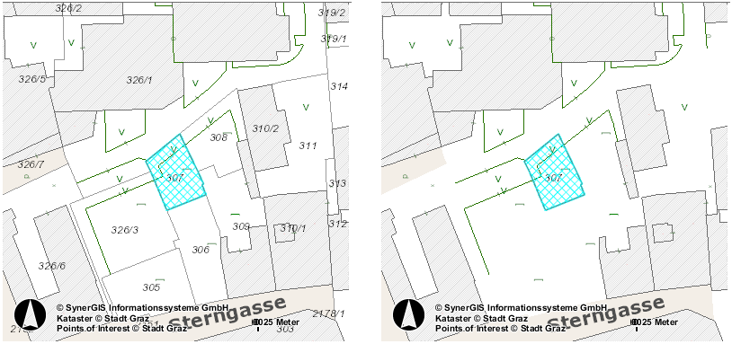 Abfrage ohne Filter (links) - Abfrage mit Filter auf Grundstücke (rechts) Abfrage ohne Filter (links) - Abfrage mit Filter auf Grundstücke (rechts)