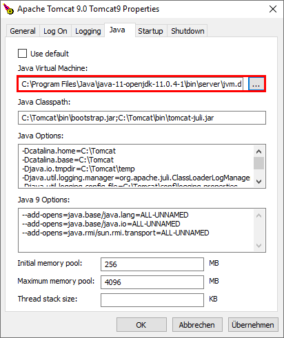 Anpassen des Java JDK Pfades in den Einstellungen von Tomcat Anpassen des Java JDK Pfades in den Einstellungen von Tomcat