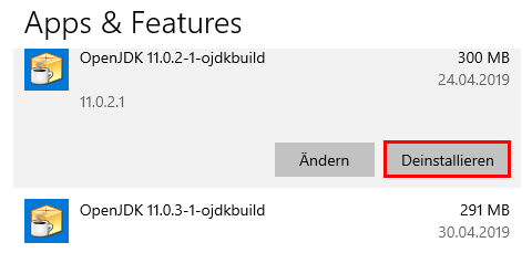 Alternativ Deinstallation der alten Java Version via "Apps & Features" Alternativ Deinstallation der alten Java Version via "Apps & Features"
