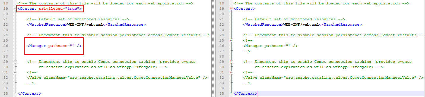 Änderungen in "context.xml"; auf der rechten Seite die Standard-Datei, auf der linken Seite mit den erforderlichen Änderungen Änderungen in "context.xml"; auf der rechten Seite die Standard-Datei, auf der linken Seite mit den erforderlichen Änderungen