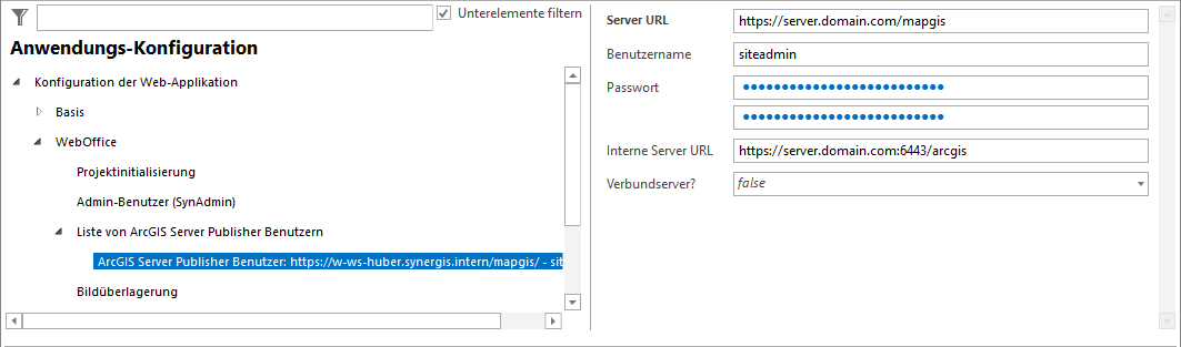 Beispiel für eine administrative ArcGIS Publisher-Anmeldeinformation. Benutzer "siteadmin" hat administrativen Zugriff auf die ArcGIS Admin GUI. Konfiguration der internen Server URL bei vorgeschaltetem Web Adaptor ("mapgis" als Beispiel) Beispiel für eine administrative ArcGIS Publisher-Anmeldeinformation. Benutzer "siteadmin" hat administrativen Zugriff auf die ArcGIS Admin GUI. Konfiguration der internen Server URL bei vorgeschaltetem Web Adaptor ("mapgis" als Beispiel)