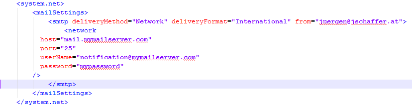 Konfiguration eines Mail-Servers in der web.config Konfiguration eines Mail-Servers in der web.config