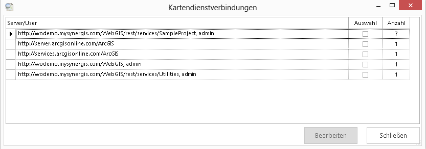 Dialog - Kartendienstverbindungen Dialog - Kartendienstverbindungen