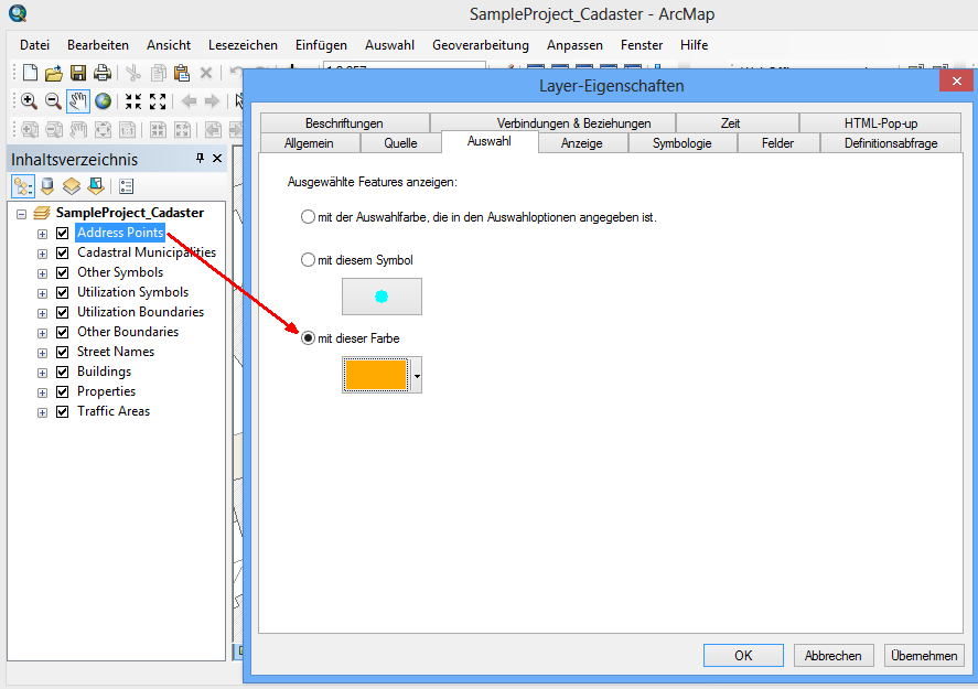 Definition eines individuellen Selektionssymbols in den Layer-Eigenschaften von ArcMap Definition eines individuellen Selektionssymbols in den Layer-Eigenschaften von ArcMap