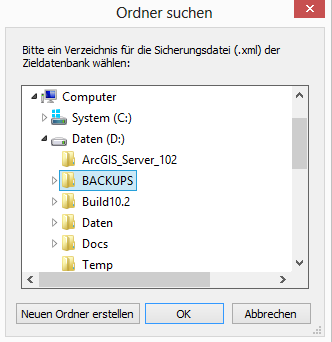 Auswahl eines Ordners für die Sicherungsdatei Auswahl eines Ordners für die Sicherungsdatei