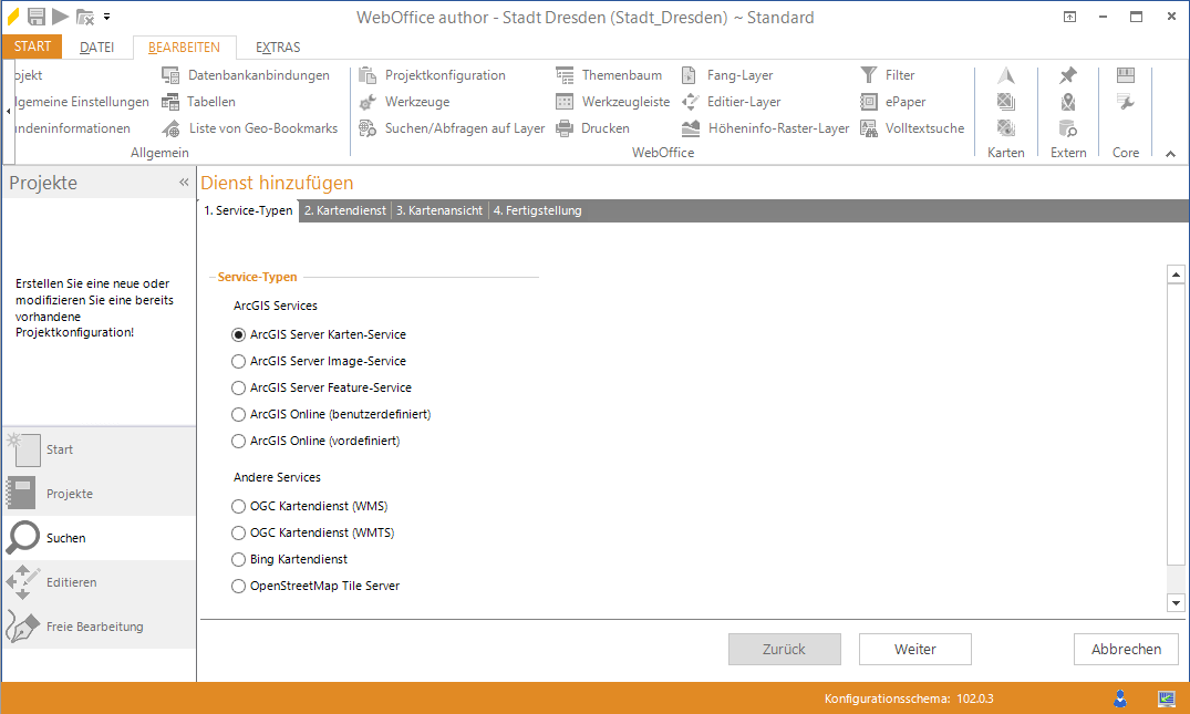 Assistent 'Kartendienst hinzufügen" - Auwahl der Kartendiensttyps und dem Verwendungszweck Assistent 'Kartendienst hinzufügen" - Auwahl der Kartendiensttyps und dem Verwendungszweck