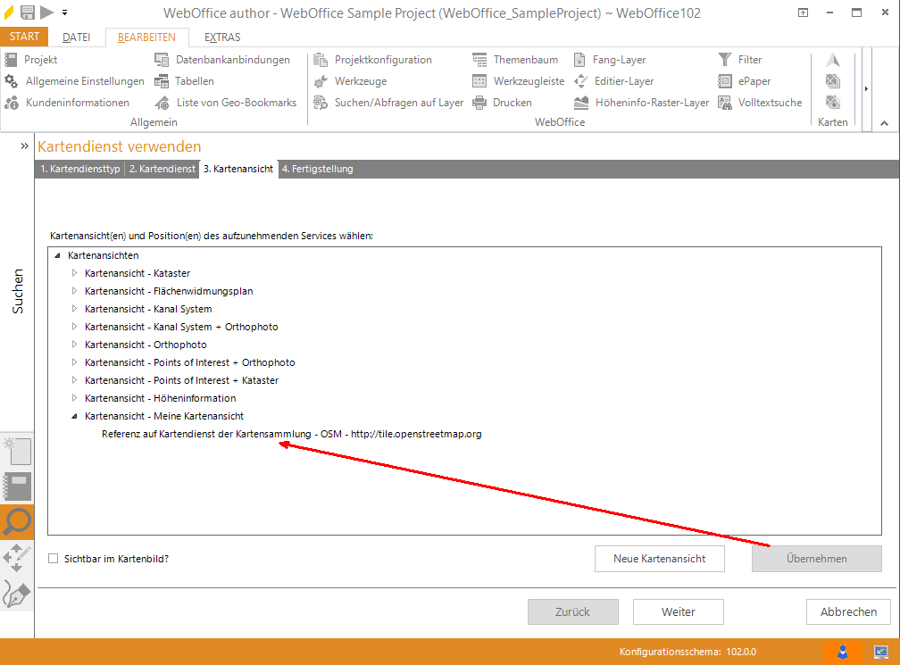 Assistent "Kartendienst hinzufügen" - Referenz in die Kartenansicht übernehmen Assistent "Kartendienst hinzufügen" - Referenz in die Kartenansicht übernehmen