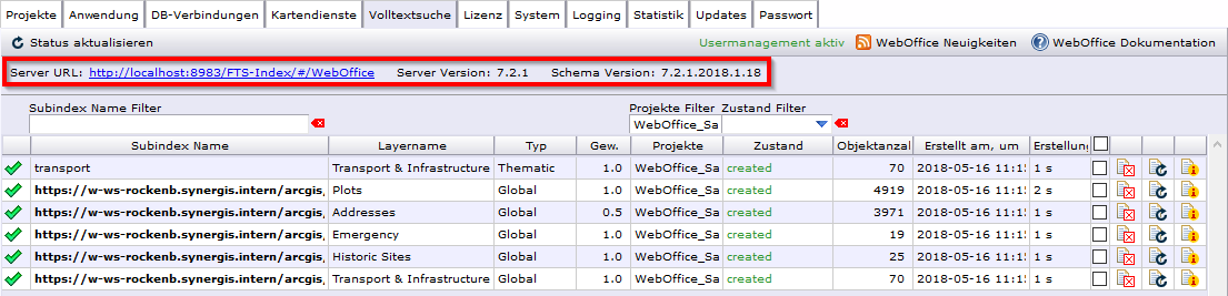 WebOffice Administrationsseite - Reiter Volltextsuche WebOffice Administrationsseite - Reiter Volltextsuche