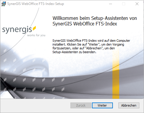 Setup-Assistent von SynerGIS WebOffice FTS-Index Setup-Assistent von SynerGIS WebOffice FTS-Index