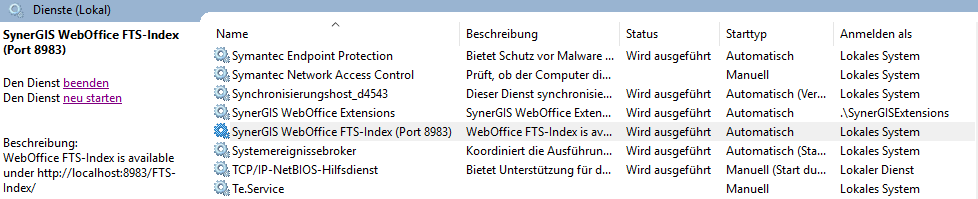 Windows Dienst "SynerGIS WebOffice FTS-Index" Windows Dienst "SynerGIS WebOffice FTS-Index"