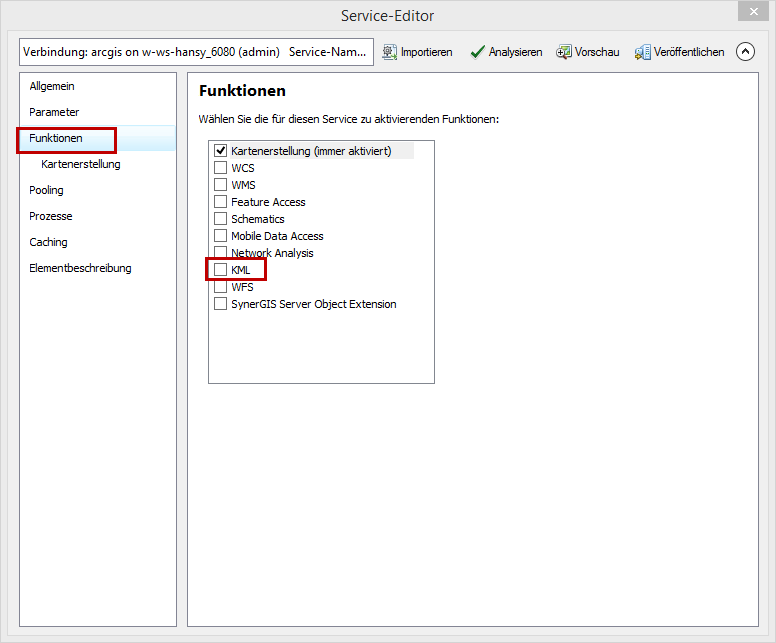 "KML" in den Funktionen deselektieren "KML" in den Funktionen deselektieren