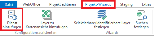 "Dienst hinzufügen"- Konfigurationsassistent im Menü des WebOffice author standalone "Dienst hinzufügen"- Konfigurationsassistent im Menü des WebOffice author standalone