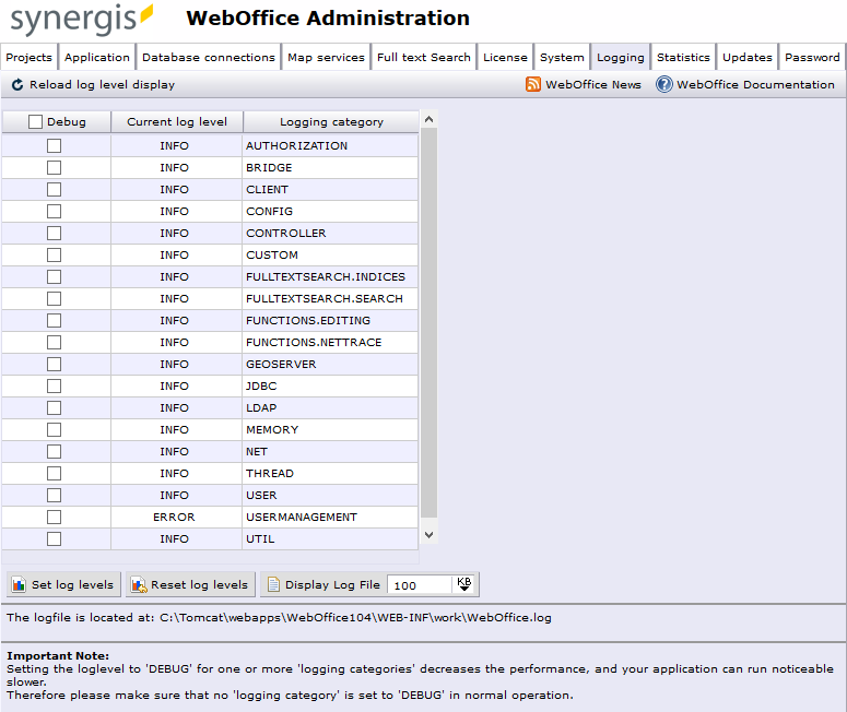 SynAdmin logging tab
