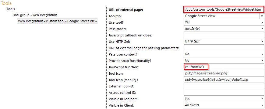 Configuring a custom tool for using the Google street View widget
