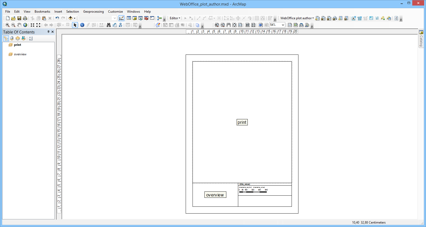 Open WebOffice_plot_author.mxd with activated dataframe "print" and "layout view" and load a print layout