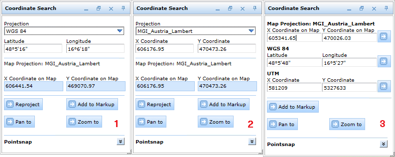 Different tool forms in WebOffice html client depending on type of coordinate system - geographic (1) and projected (2) - and configuration "All projections" (3)