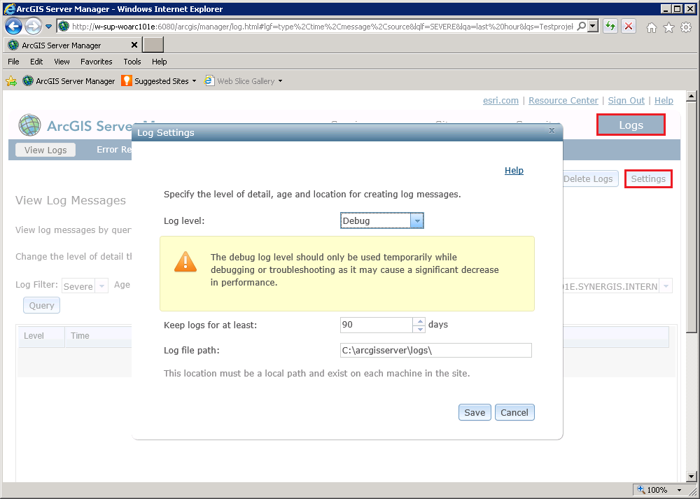 Set log level in the ArcGIS Server Manager Set log level in the ArcGIS Server Manager