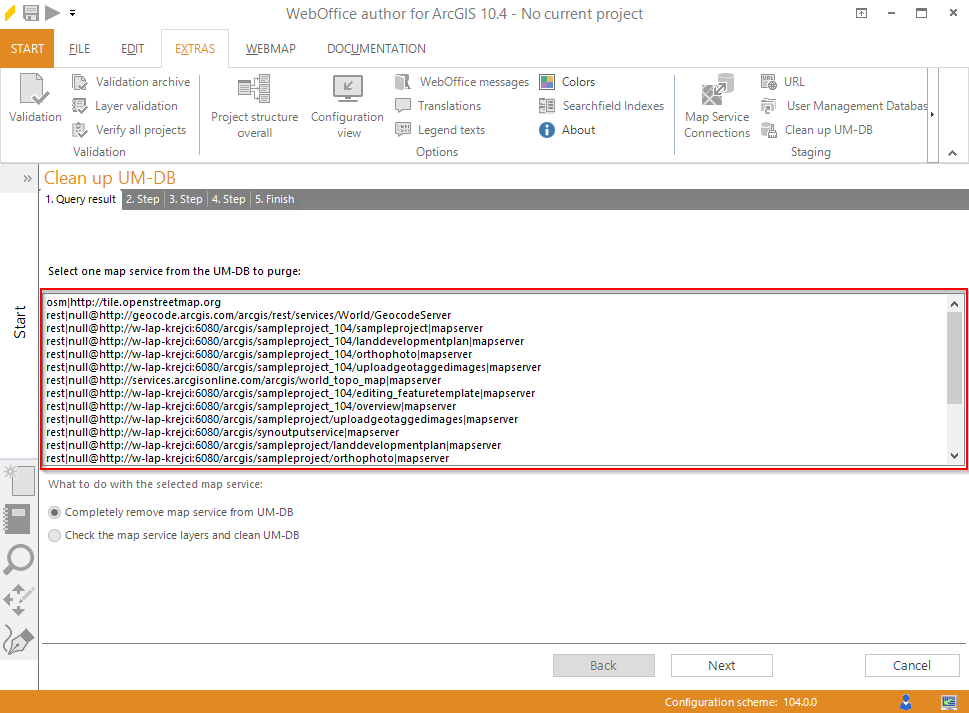 Selection of the purged map service Selection of the purged map service