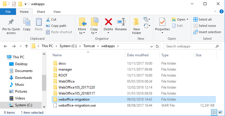 Tomcat Web Application directory with the directory weboffice-migration