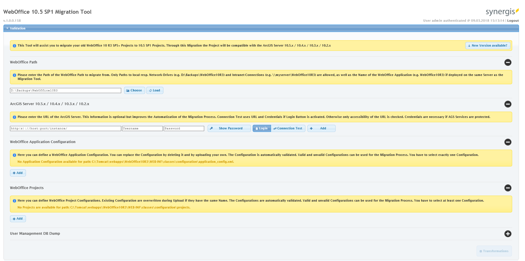 Start page of the WebOffice Migration Tool&nbsp;