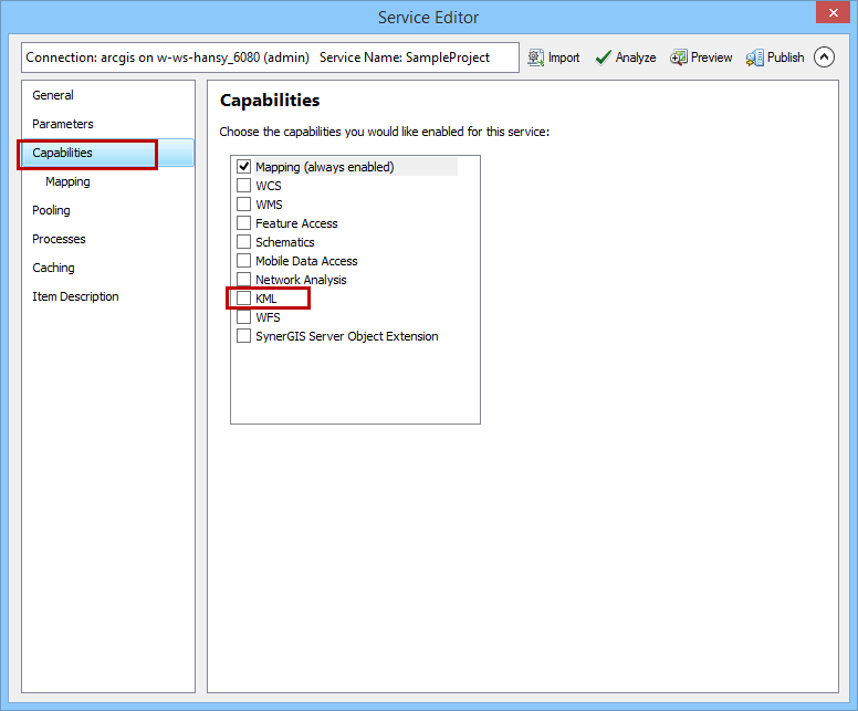 Deselect "KML" in the capabilities Deselect "KML" in the capabilities