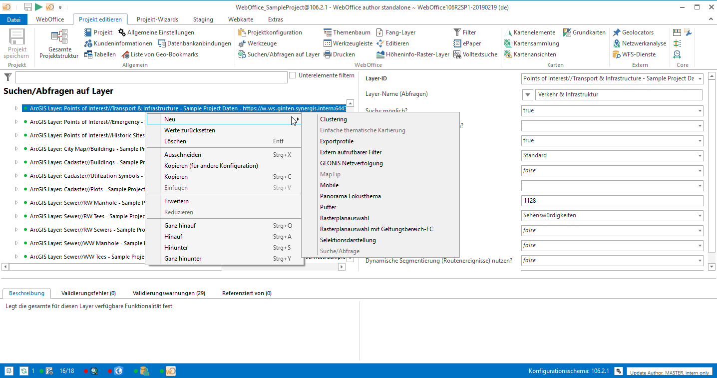Context menu of the configuration tree